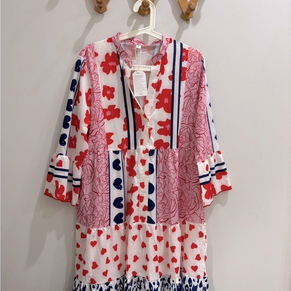 Pink and Red Midi Dress with Bell Sleeves and Mandarin Collar